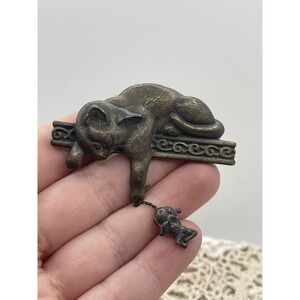 Vintage JJ (Jonette Jewelry) Cat & Mouse Antiqued Brass/Bronze Tone Metal Brooch